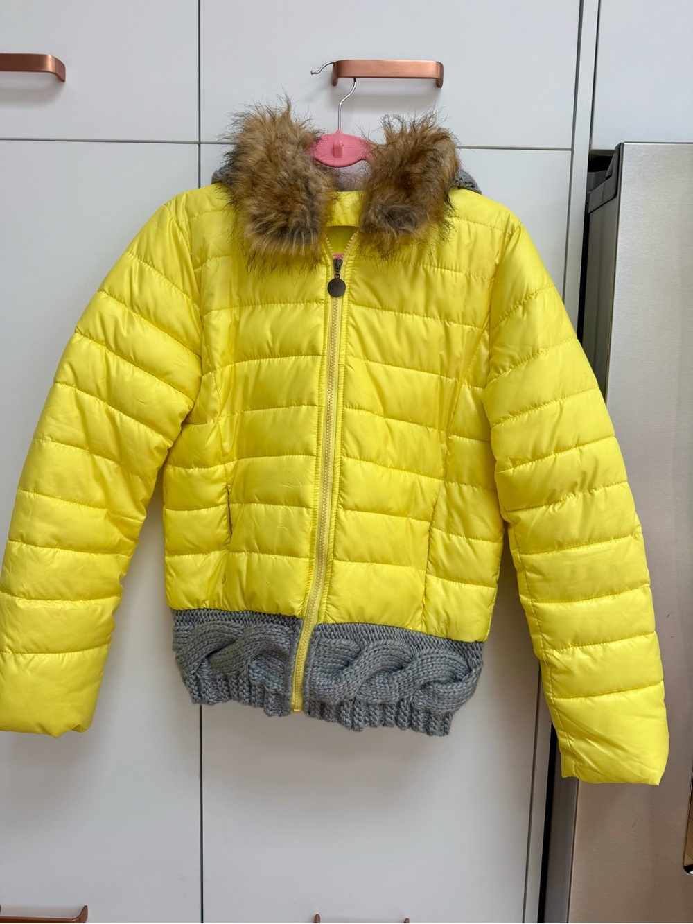 Neon yellow with faux fur trim